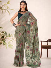 Gorgeous Green Floral Printed Geogette Casual Wear Saree With Blouse