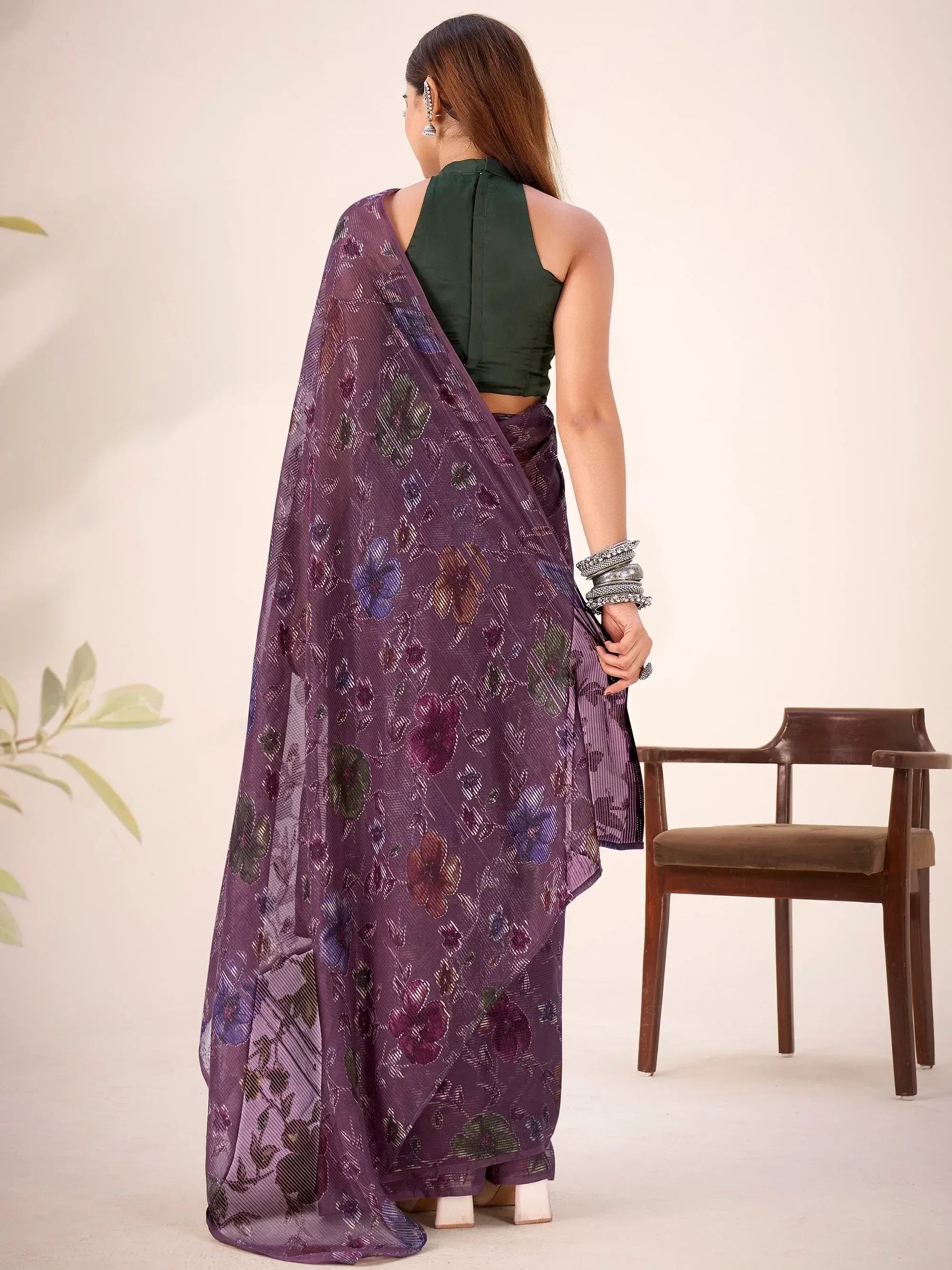 Graceful Wine Floral Printed Geogette Festive Wear Saree With Blouse