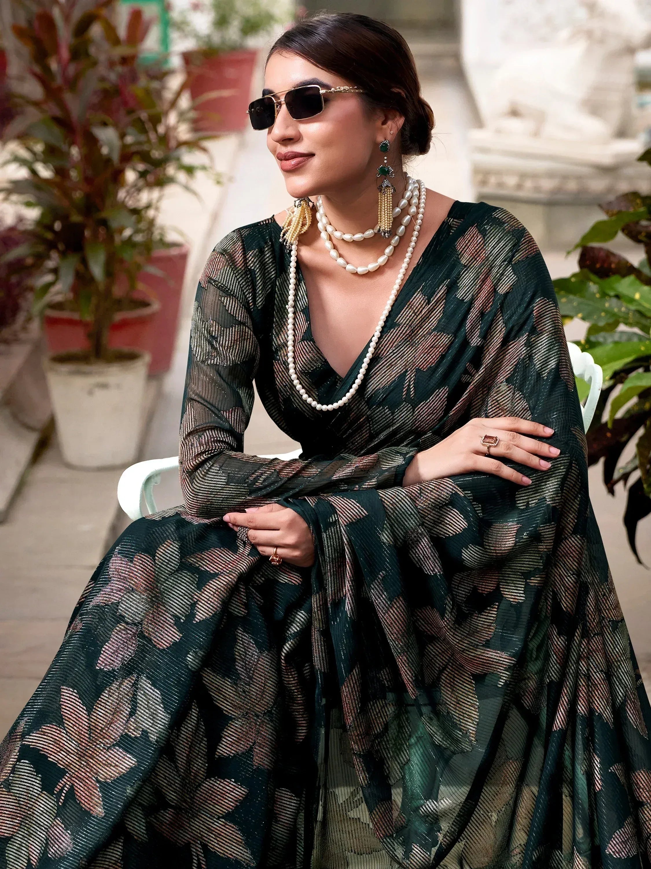 Impressive Green Floral Brasso Festival Wear Saree With Blouse