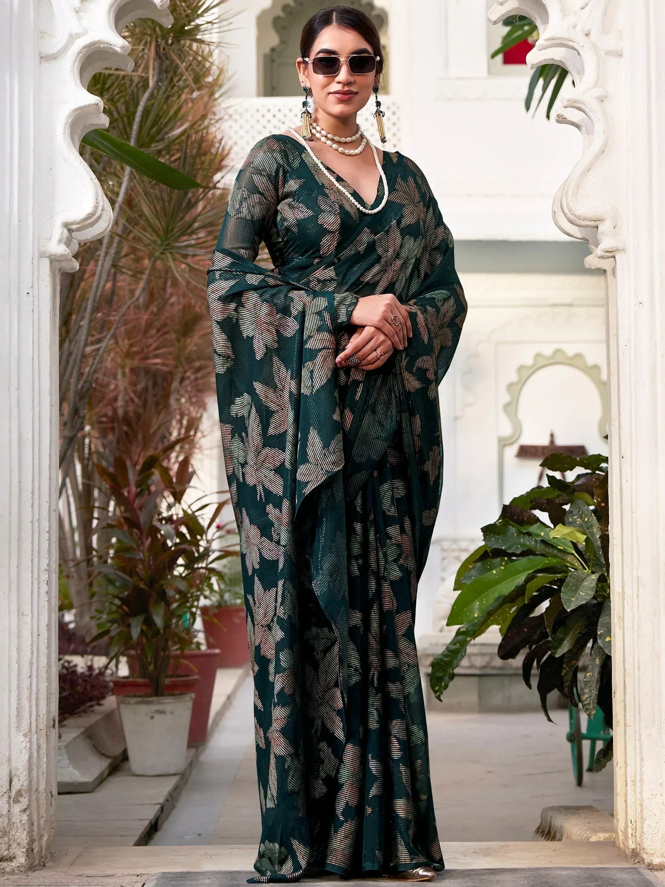 Impressive Green Floral Brasso Festival Wear Saree With Blouse