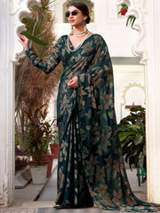 Impressive Green Floral Brasso Festival Wear Saree With Blouse