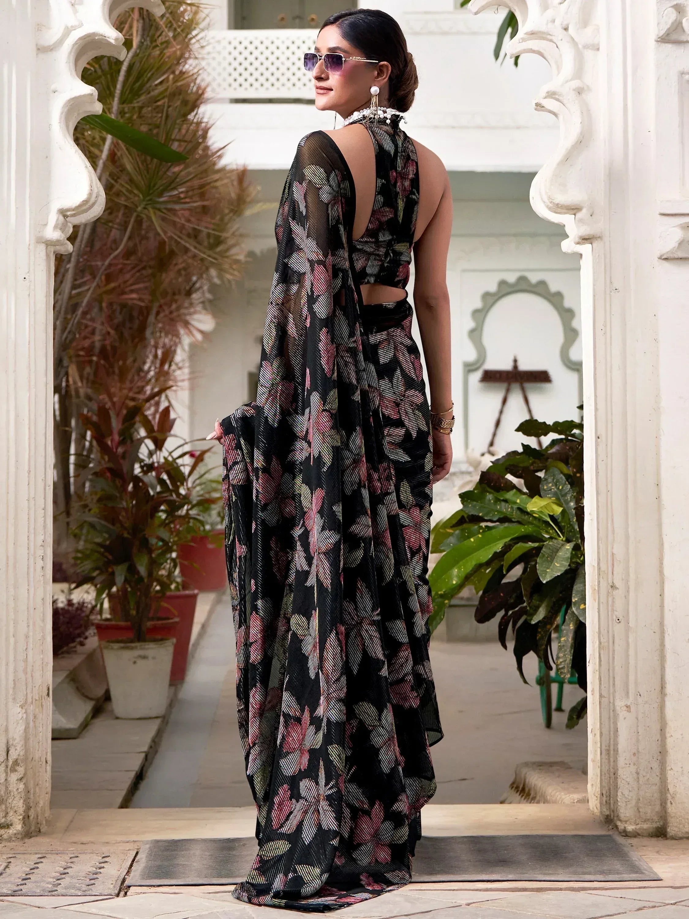 Attractive Black Floral Brasso Casual Wear Saree With Blouse