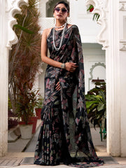 Attractive Black Floral Brasso Casual Wear Saree With Blouse