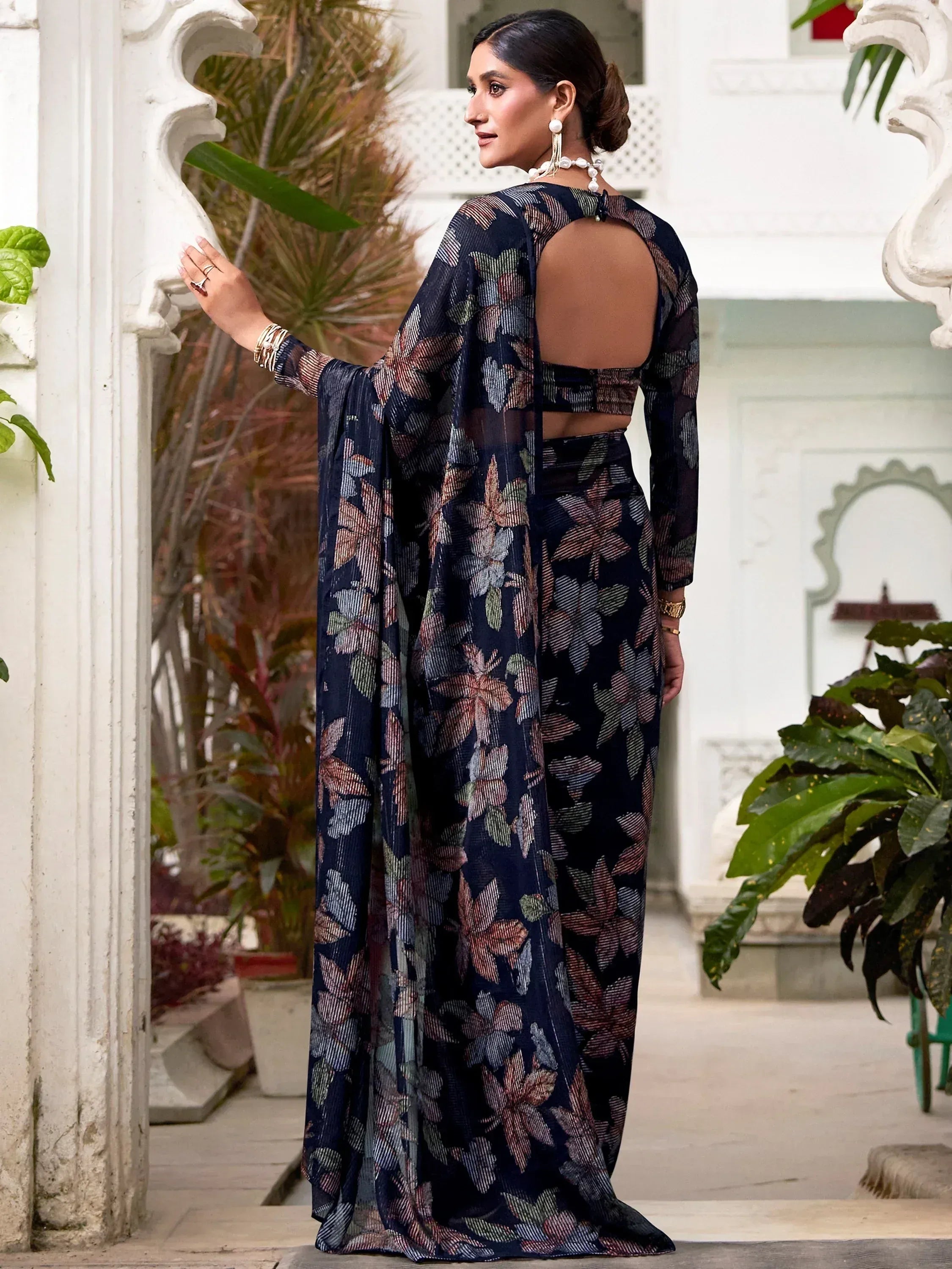Awesome Navy Blue Floral Brasso Party Wear Saree With Blouse