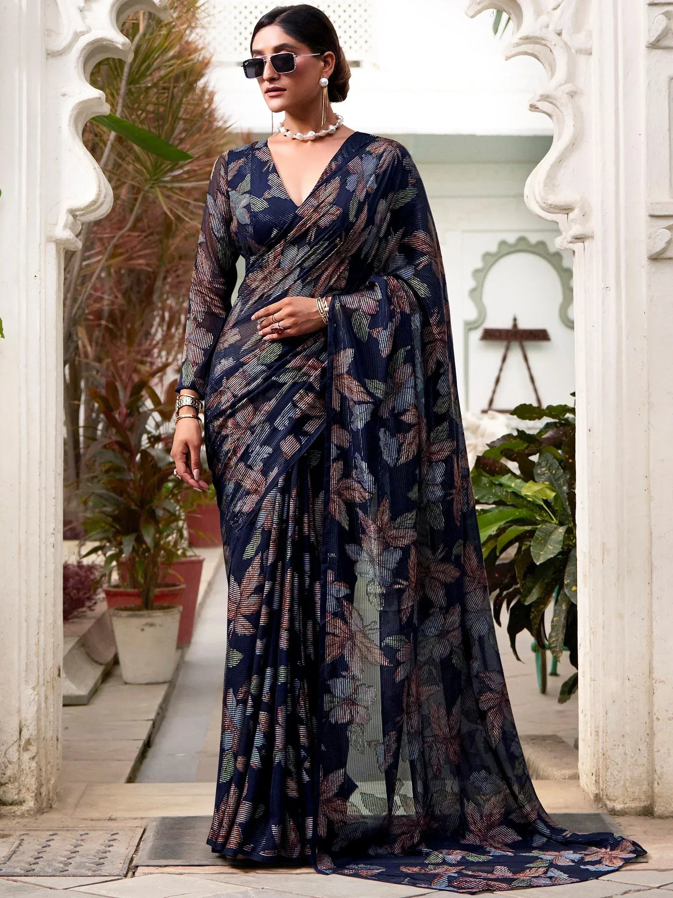 Awesome Navy Blue Floral Brasso Party Wear Saree With Blouse