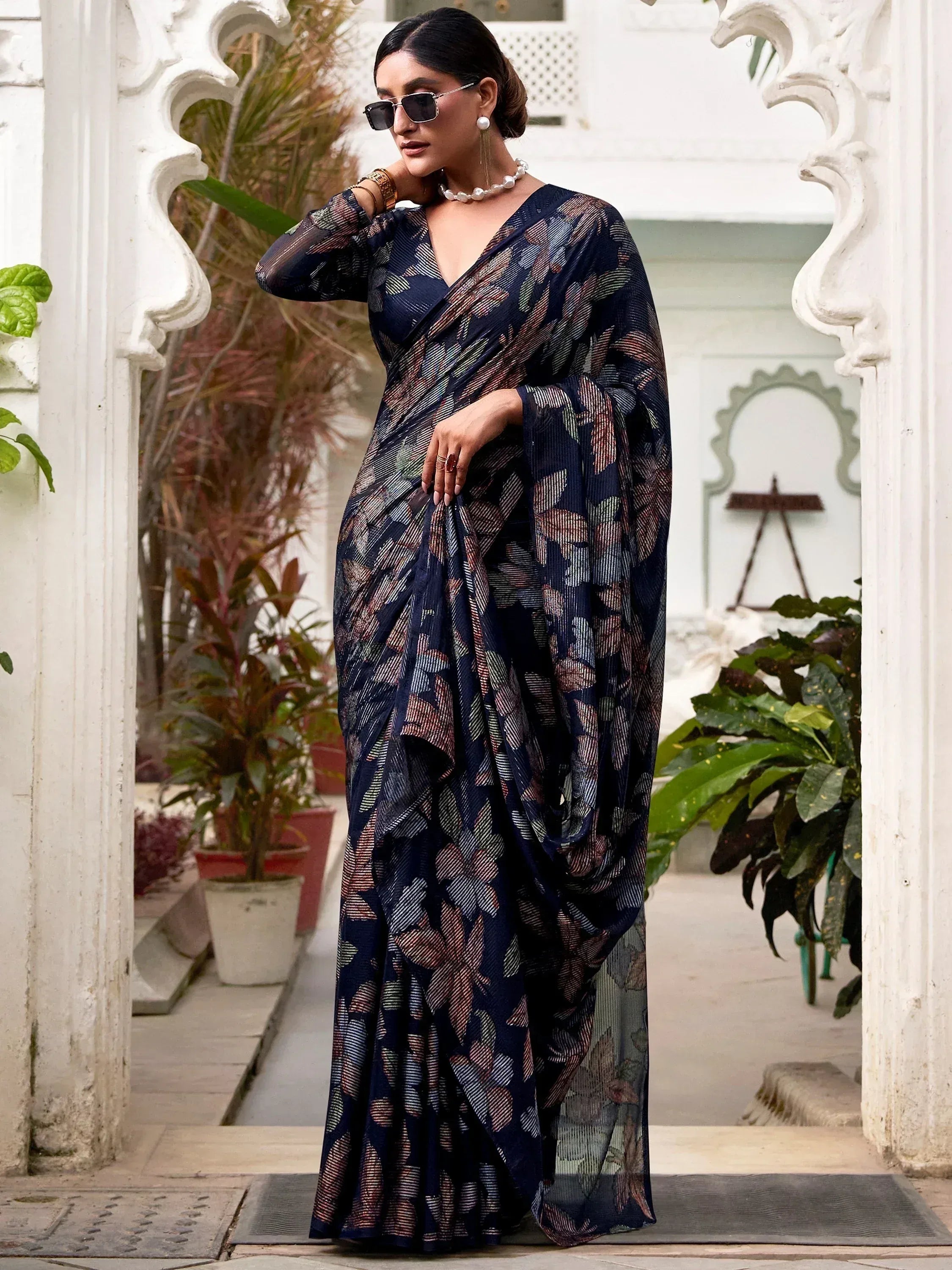 Awesome Navy Blue Floral Brasso Party Wear Saree With Blouse