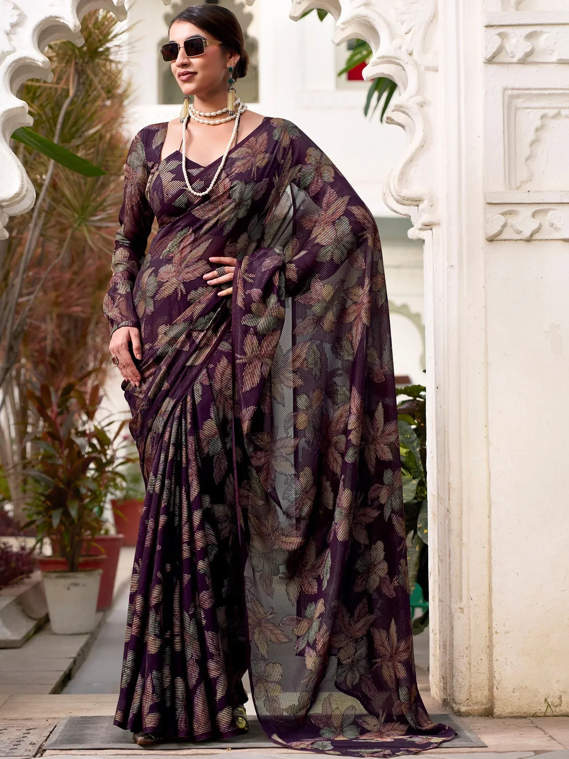 Glamorous Wine Floral Brasso Casual Wear Saree With Blouse