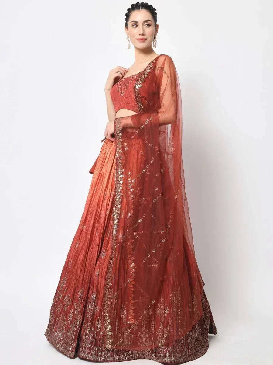 Red embroidered lehenga choli with sheer dupatta, Indian ethnic wear for weddings and festivals
