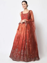 Dazzling Rustic Orange Foil Printed Silk Festive Wear Lehenga choli