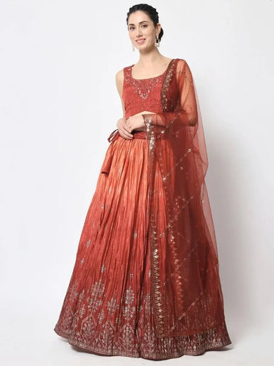 Dazzling Rustic Orange Foil Printed Silk Festive Wear Lehenga choli