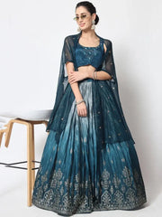 Trendy Teal Blue Foil Printed Silk Lehenga Choli with Shrug