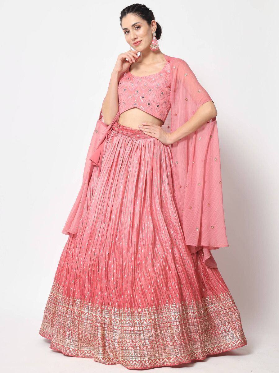 Pink embroidered lehenga choli with pleated skirt and dupatta, ideal for Indian ethnic occasions