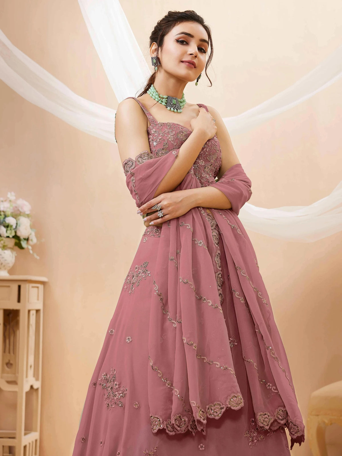 Amazing Pink Sequins Georgette Wedding Wear Plus Size Lehenga Choli