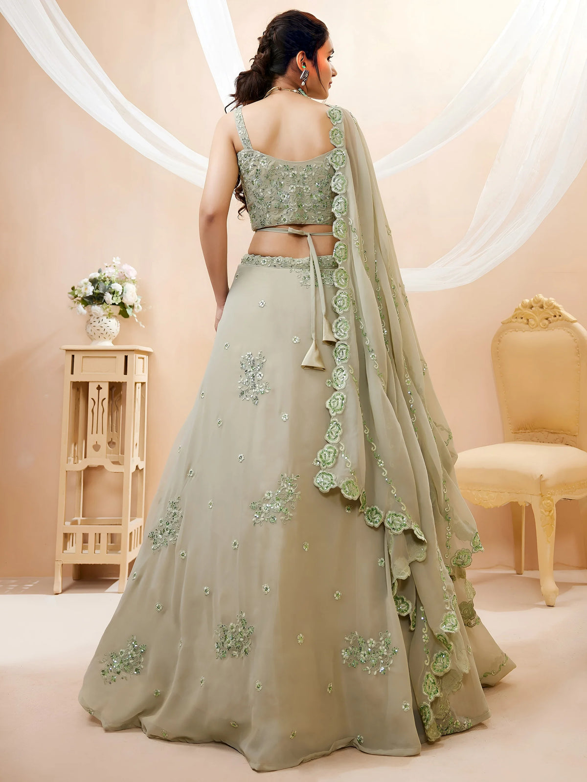 Pretty Pista Green Sequins Georgette Engagement Wear Lehenga Choli