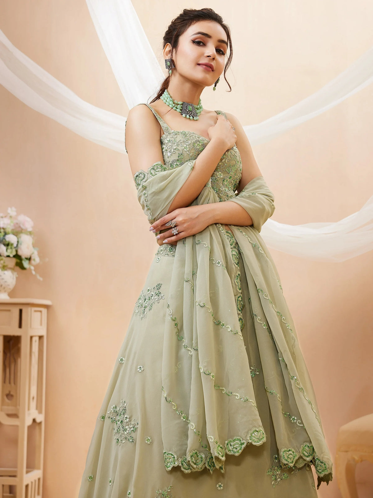 Gorgeous Green Sequins Georgette Festive Wear Plus Size Lehenga Choli