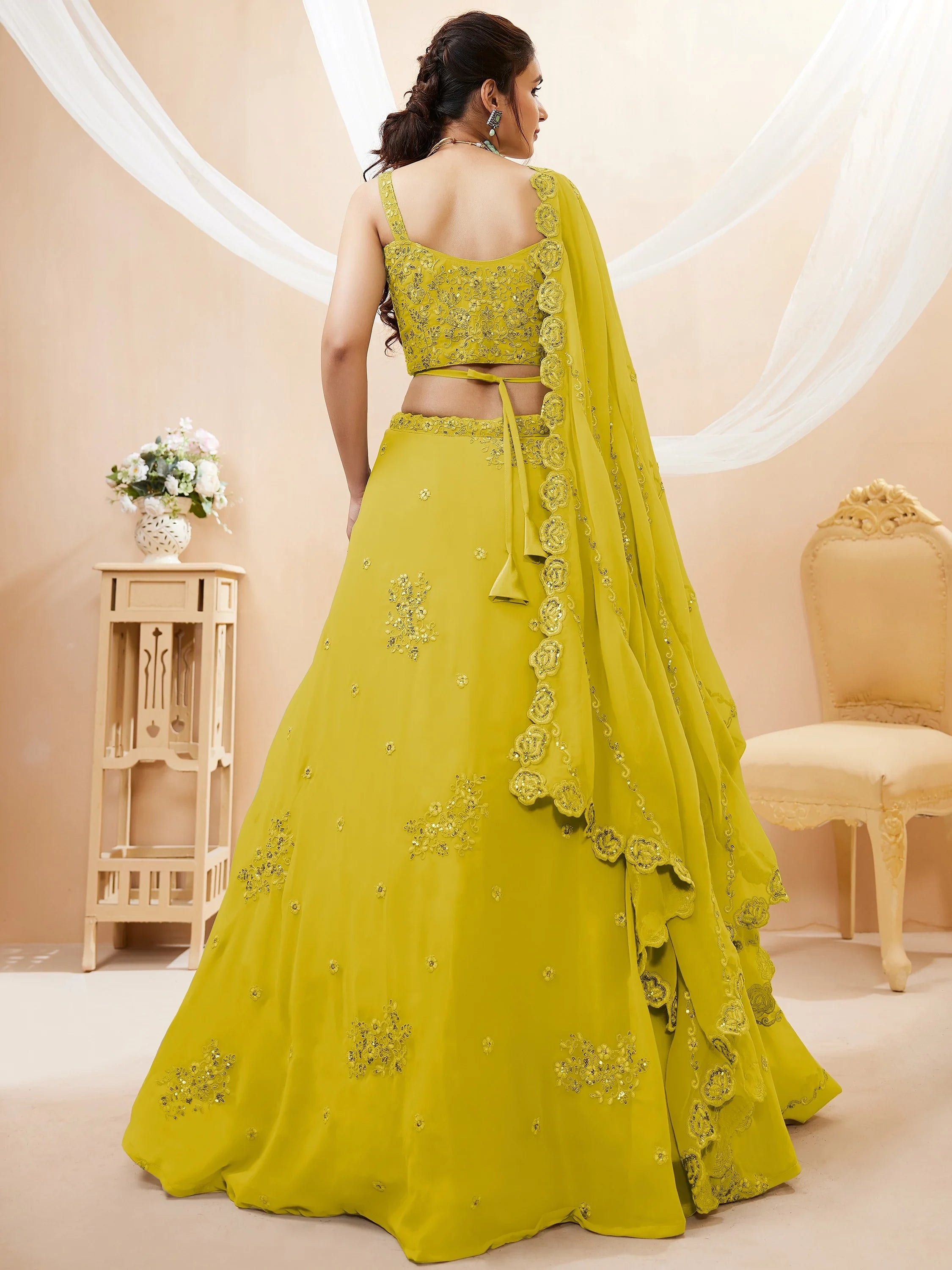 Awesome Yellow Sequins Georgette Haldi Wear Plus Size Lehenga Choli