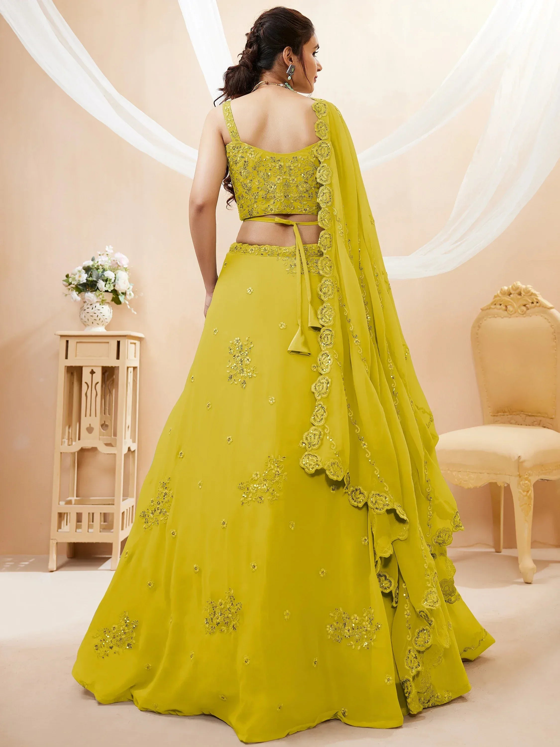 Awesome Yellow Sequins Georgette Haldi Wear Plus Size Lehenga Choli