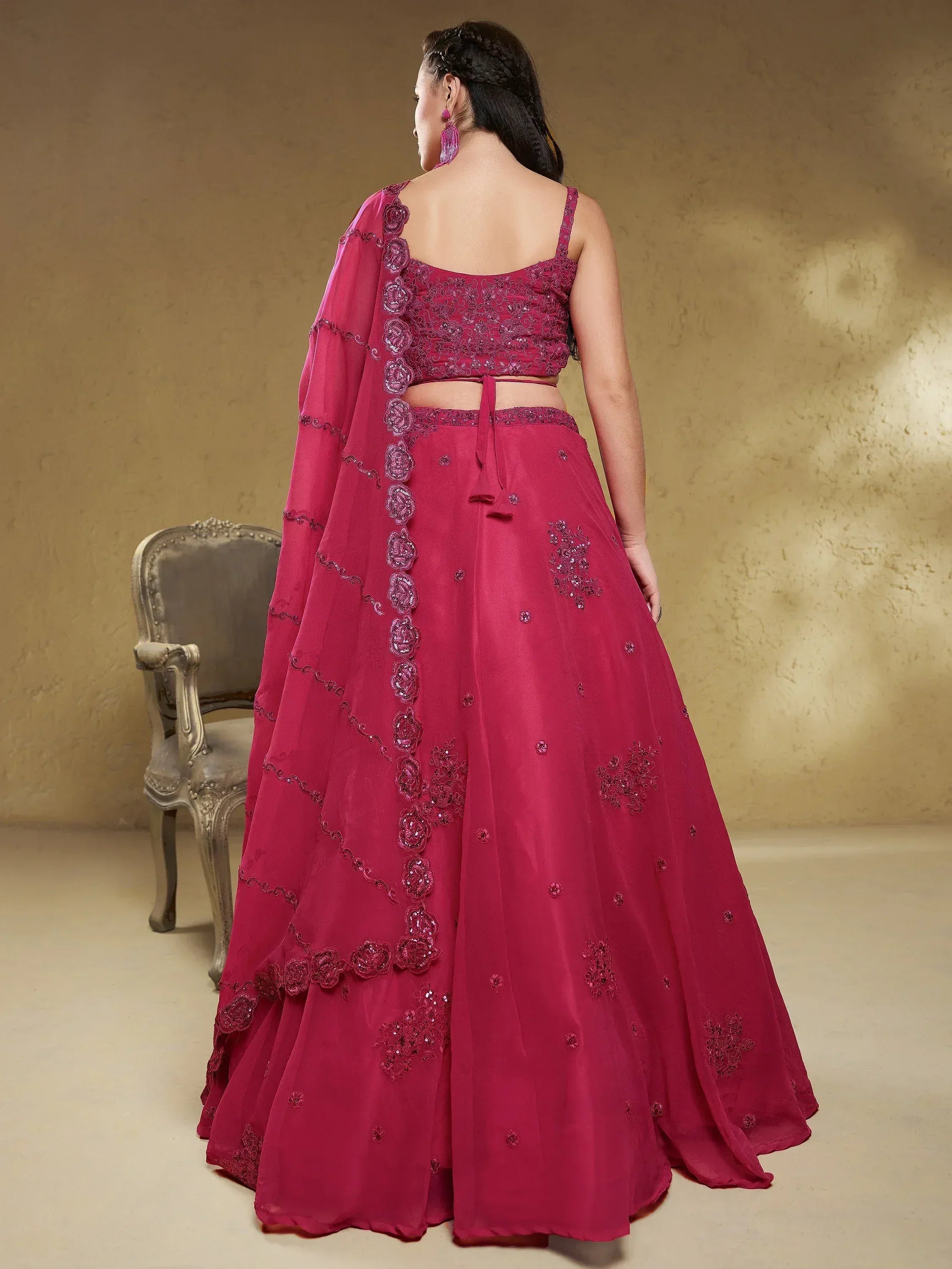 Pink embroidered lehenga choli with floral sequin work, back view, plus size Indian ethnic wear
