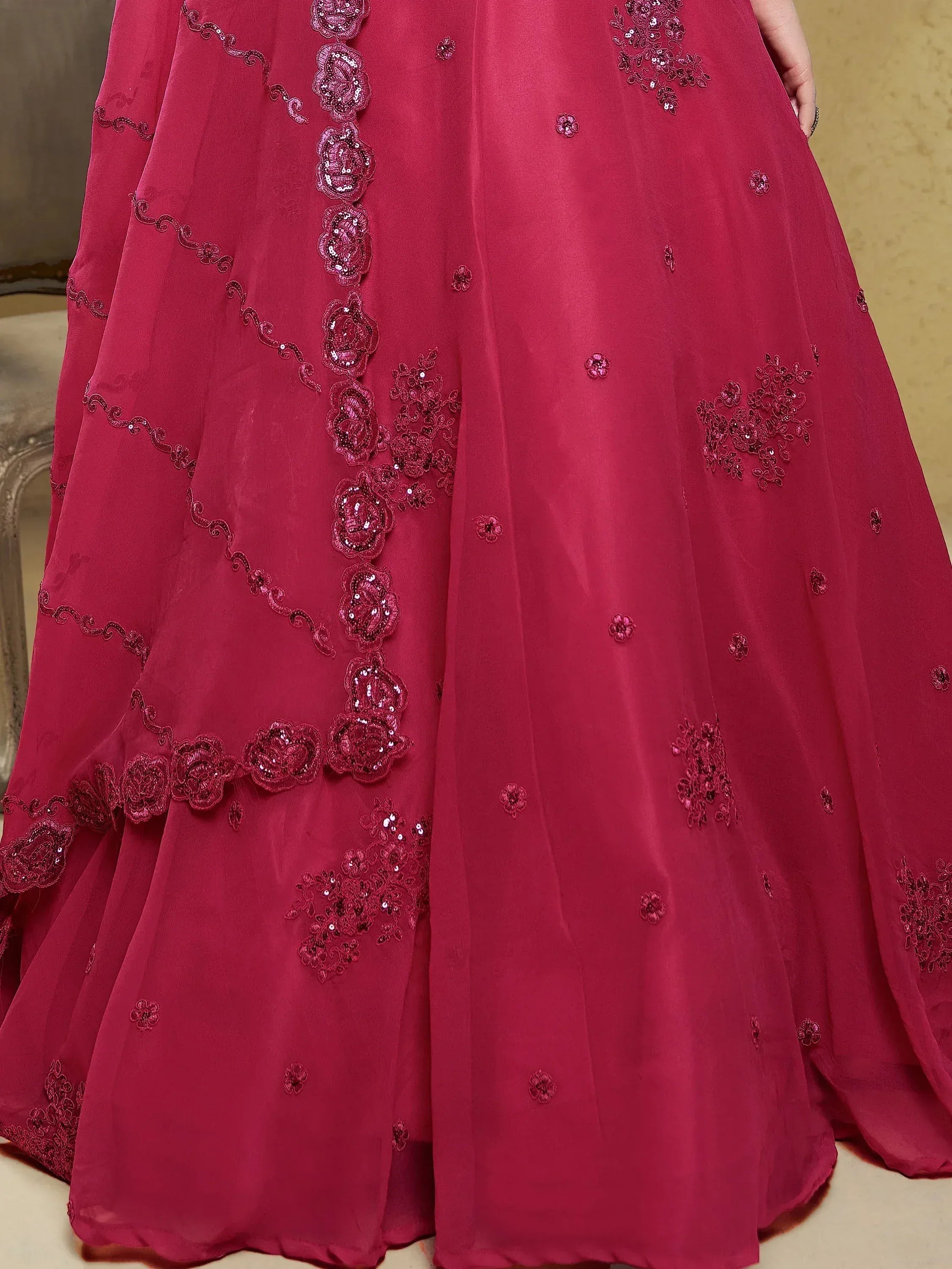 Pink designer lehenga with floral sequin embroidery and scalloped detailing