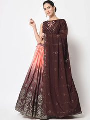 Tanned Brown Foil Printed Silk Festive Wear Lehenga Choli