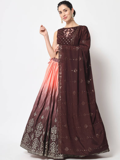 Tanned Brown Foil Printed Silk Festive Wear Lehenga Choli