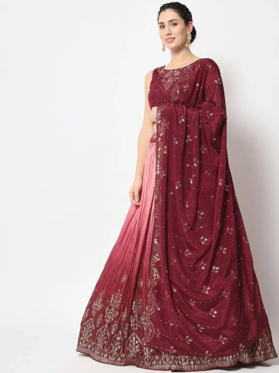 Maroon embroidered lehenga choli with pink ombre skirt, perfect for Indian ethnic wear occasions