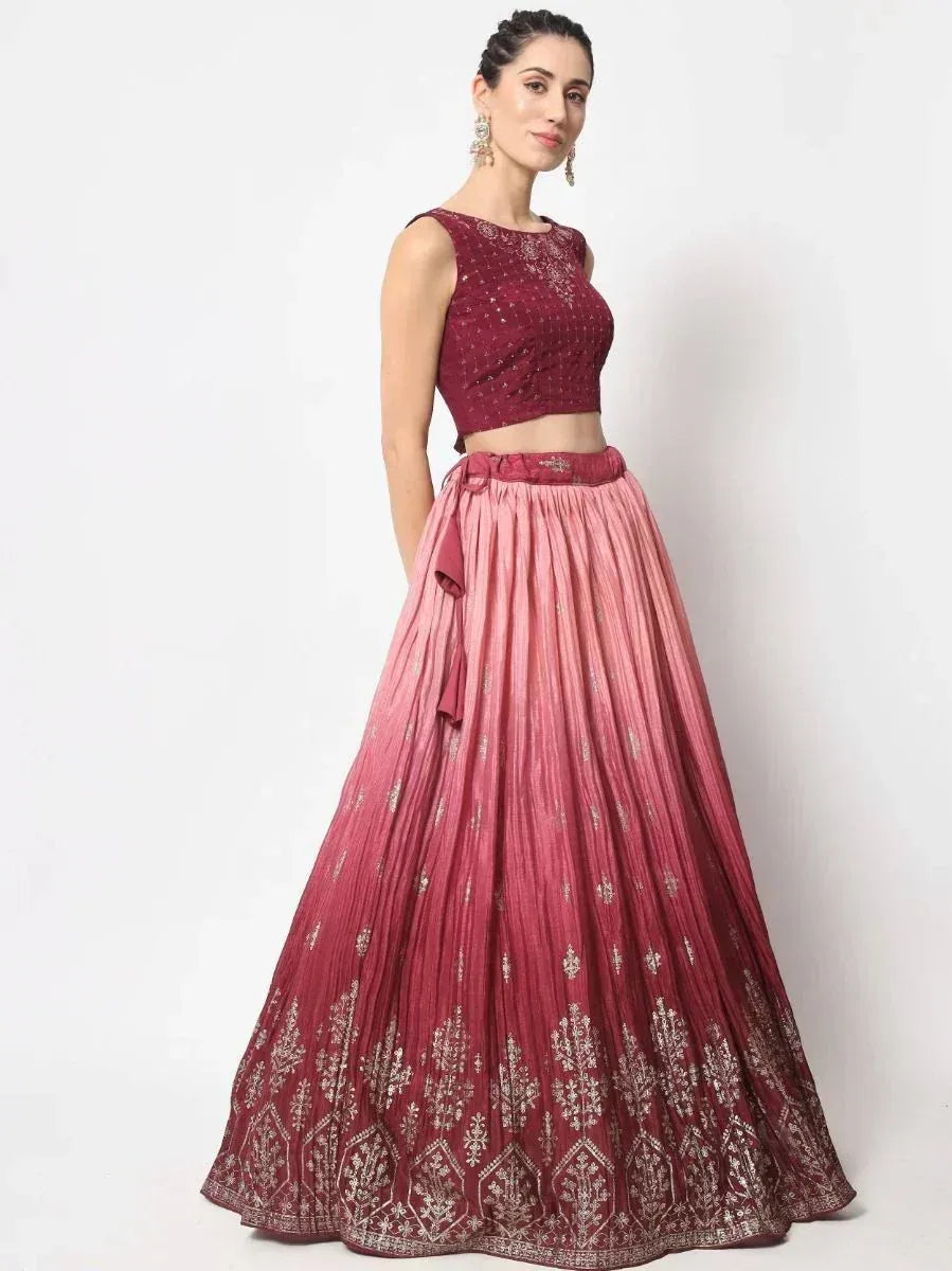 Maroon embroidered lehenga choli with ombre skirt, perfect for Indian ethnic wear occasions