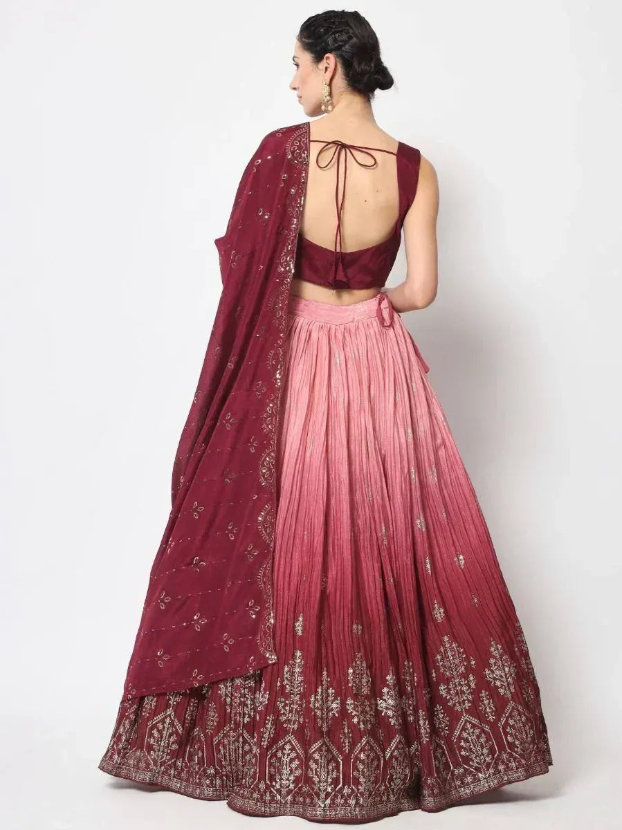 Maroon and pink ombre lehenga choli with gold embroidery, back view, ethnic wear for women