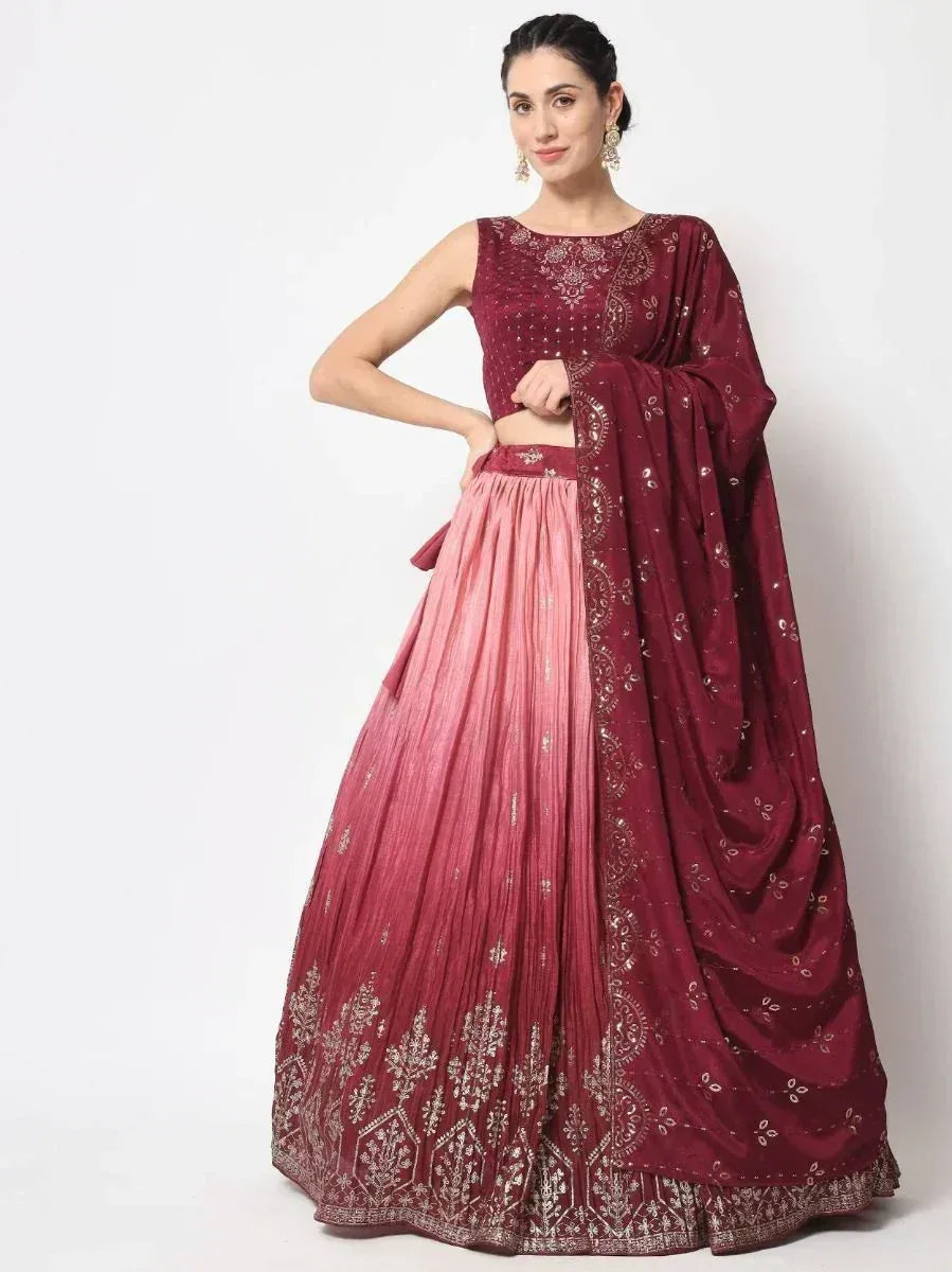 Maroon and pink embroidered lehenga choli with dupatta, Indian ethnic wear for women