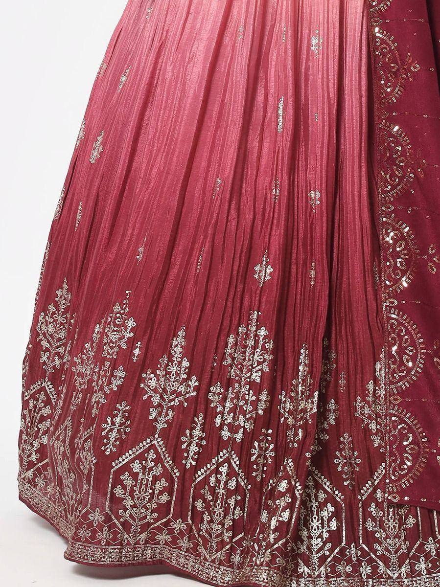 Maroon lehenga with silver embroidery and pleated skirt, ethnic Indian wear