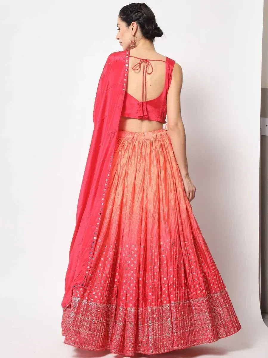 Red lehenga choli with back tie blouse and embroidered dupatta, ethnic Indian wear