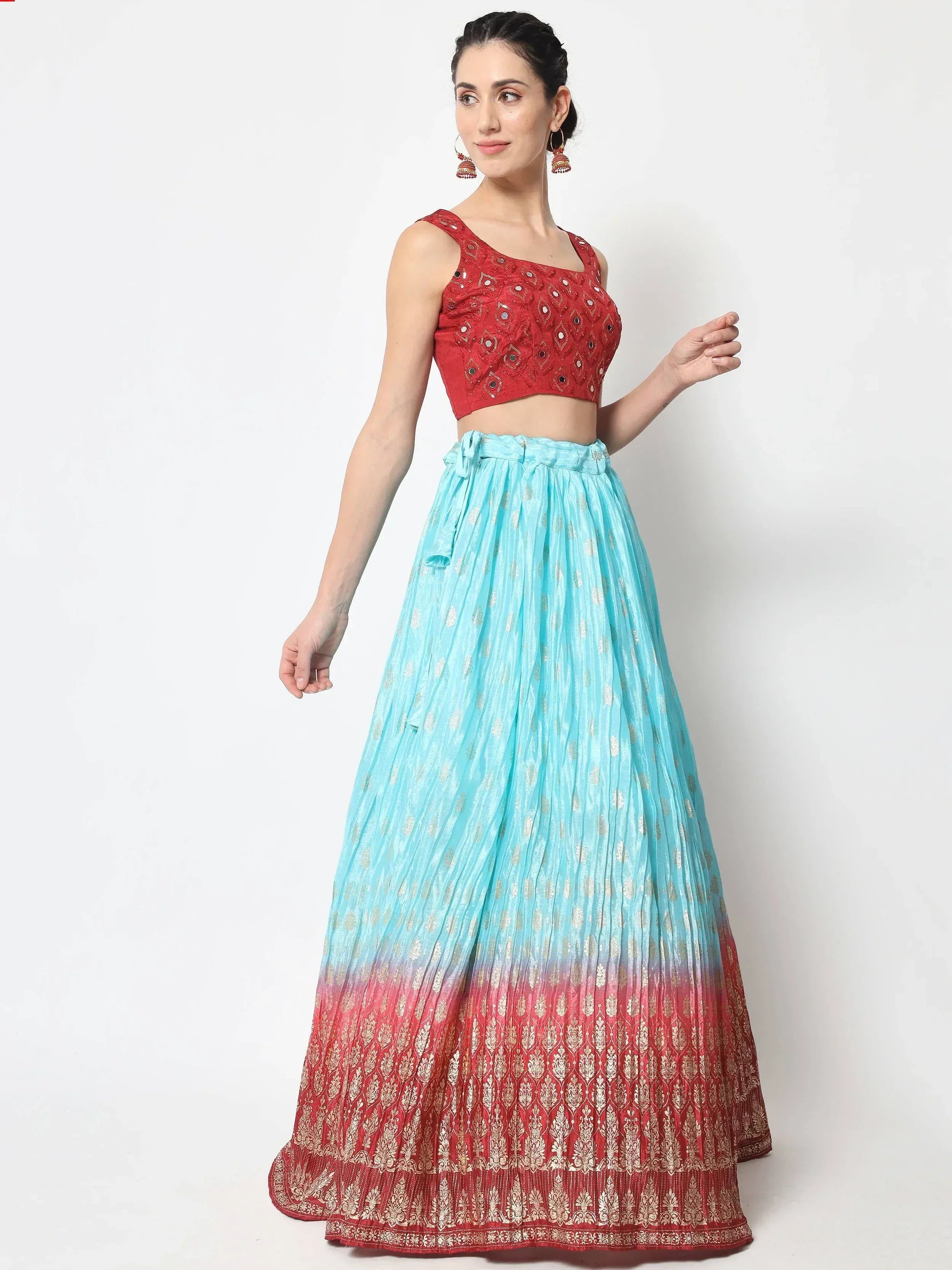 Classic Sky-Color Foil printed Silk festive wear Lehenga Choli