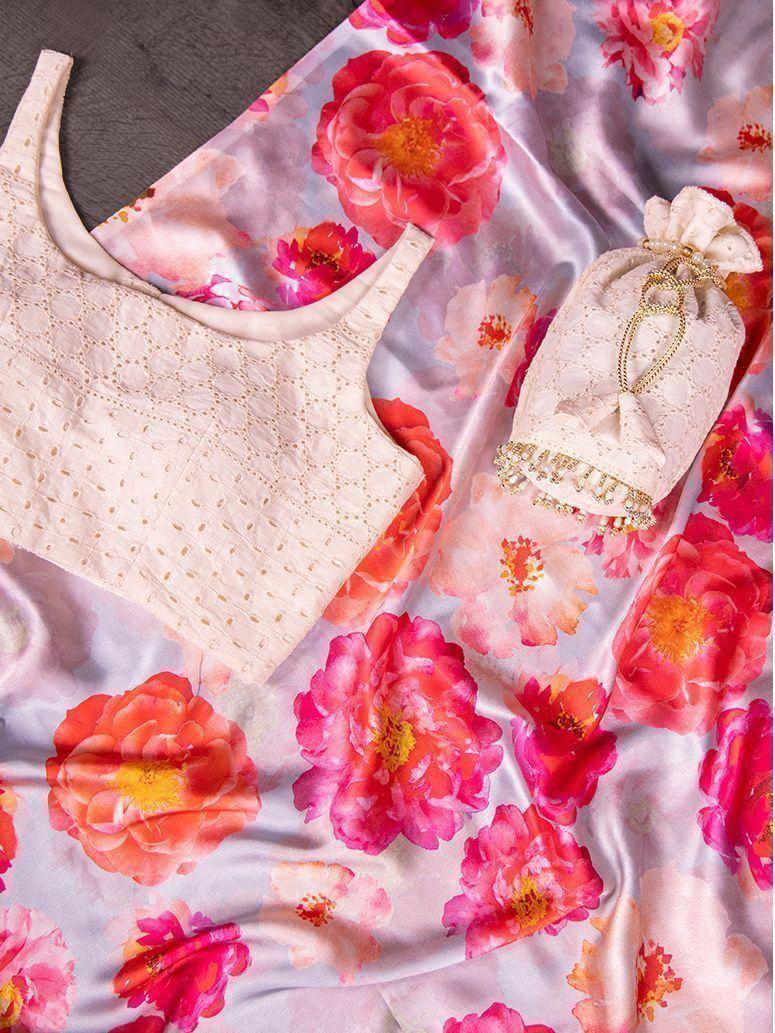 Floral print ethnic gown with lace top and drawstring pouch, perfect for Indian occasions