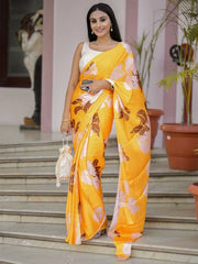 Yellow Digital Printed Satin Silk Saree With Readymade Lucknowi Blouse