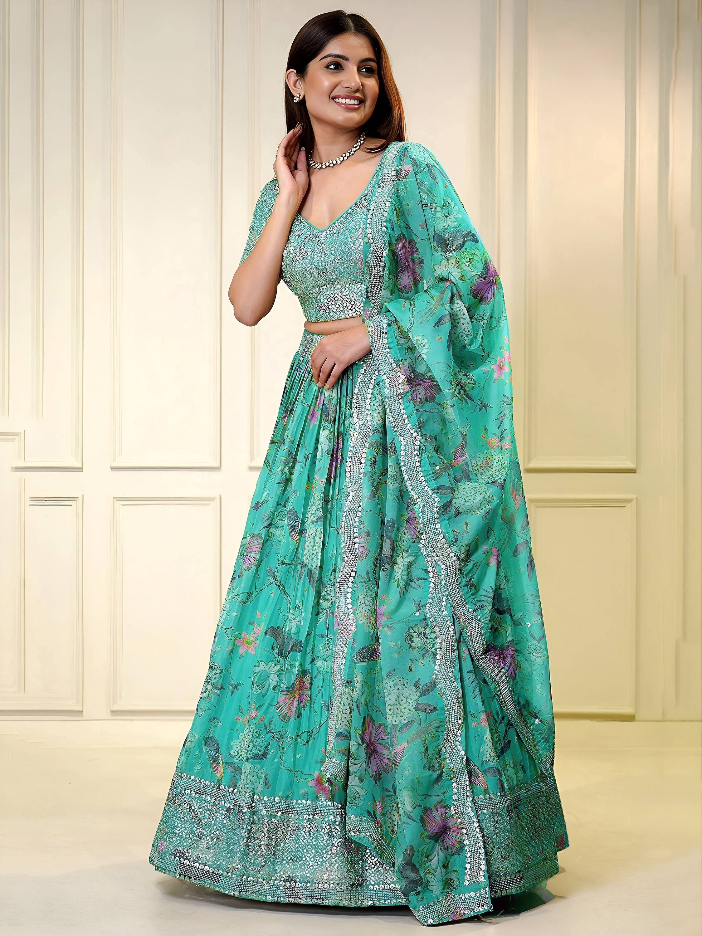 Teal floral print lehenga choli with sequin embroidery, perfect for Indian ethnic wear occasions