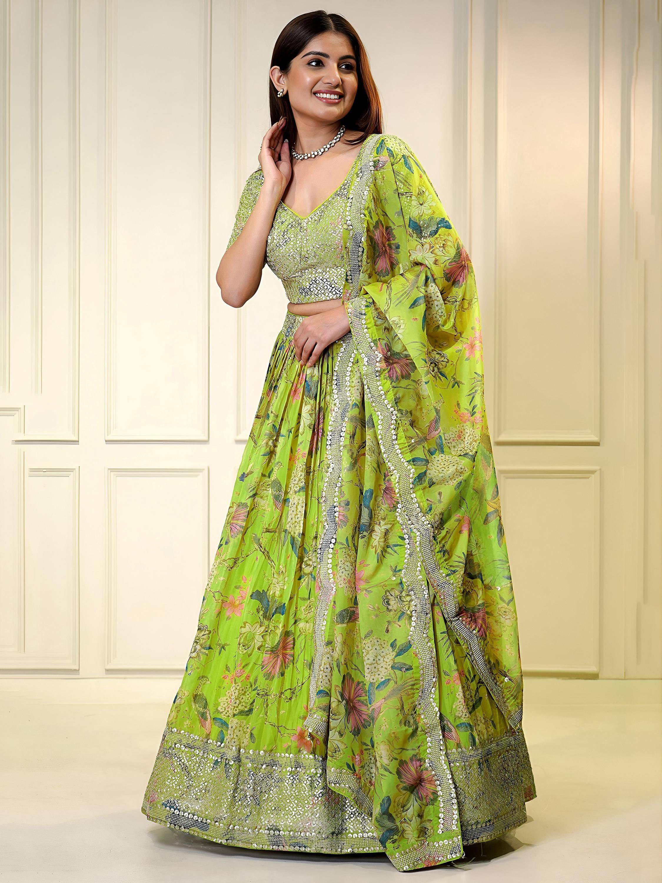 Lime green floral lehenga choli with sequin embroidery, perfect for Indian ethnic wear events