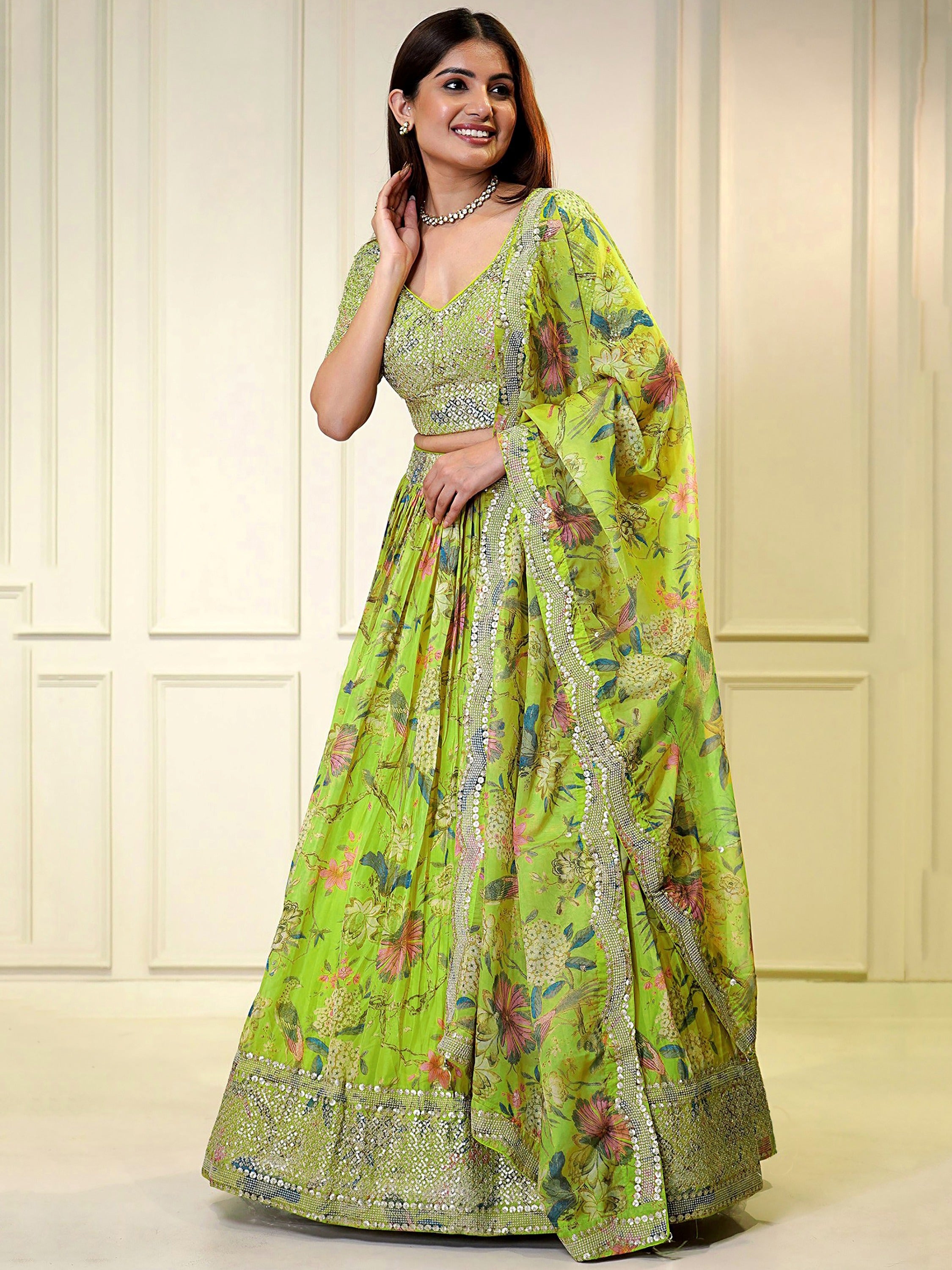 Stunning Neon Green Printed Organza Bridesmaid Plus Size Lehenga Choli