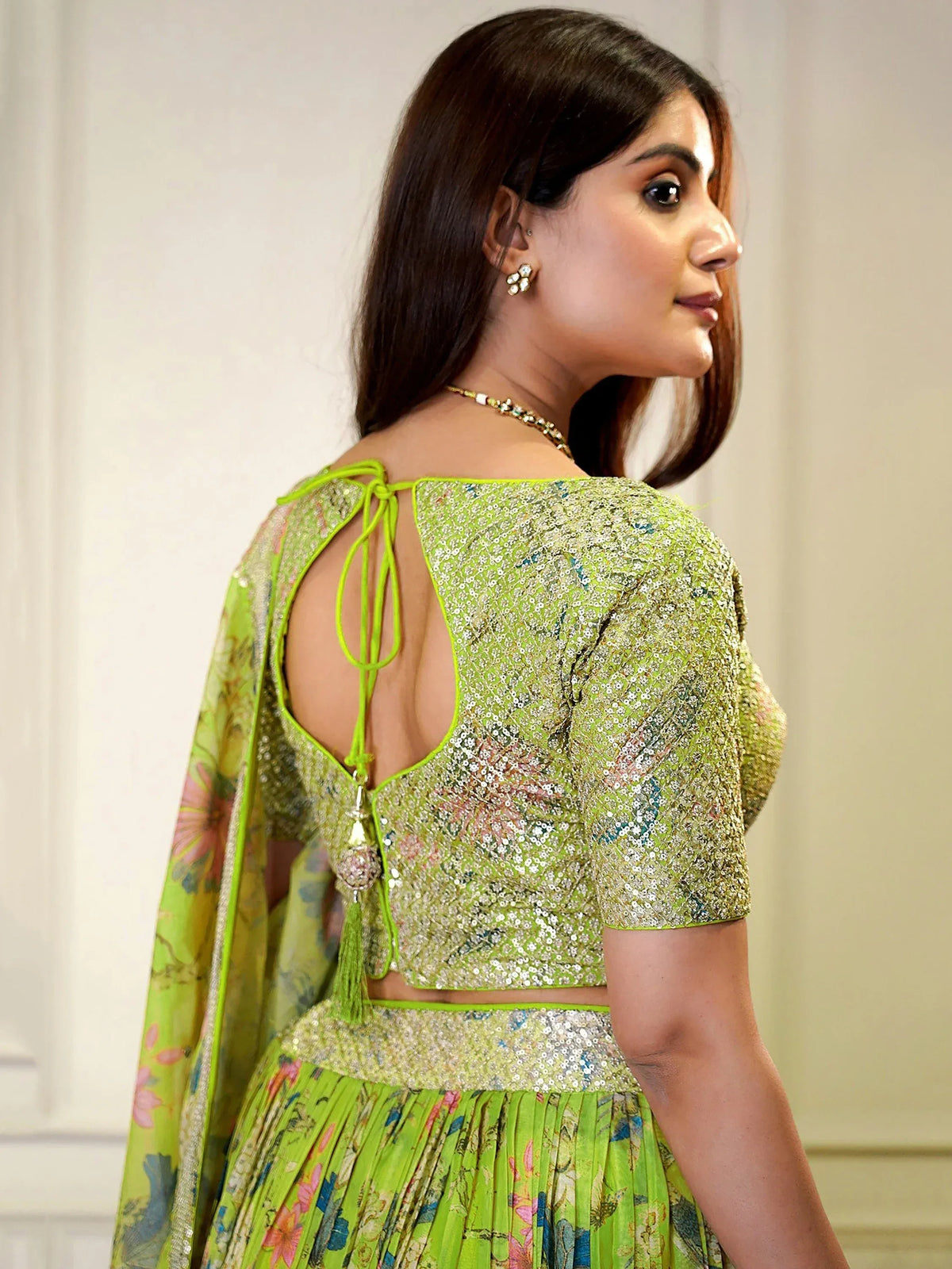 Stunning Neon Green Printed Organza Bridesmaid Plus Size Lehenga Choli