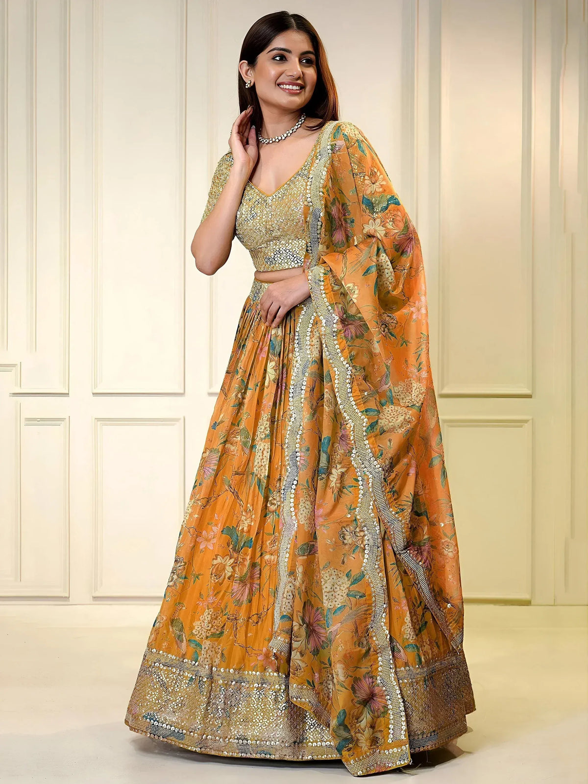Yellow floral printed lehenga choli with sequin embroidery, perfect for Indian ethnic wear events
