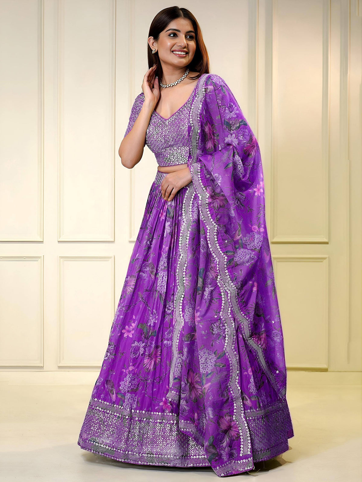 Purple floral lehenga choli with sequin embroidery, perfect for Indian ethnic occasions
