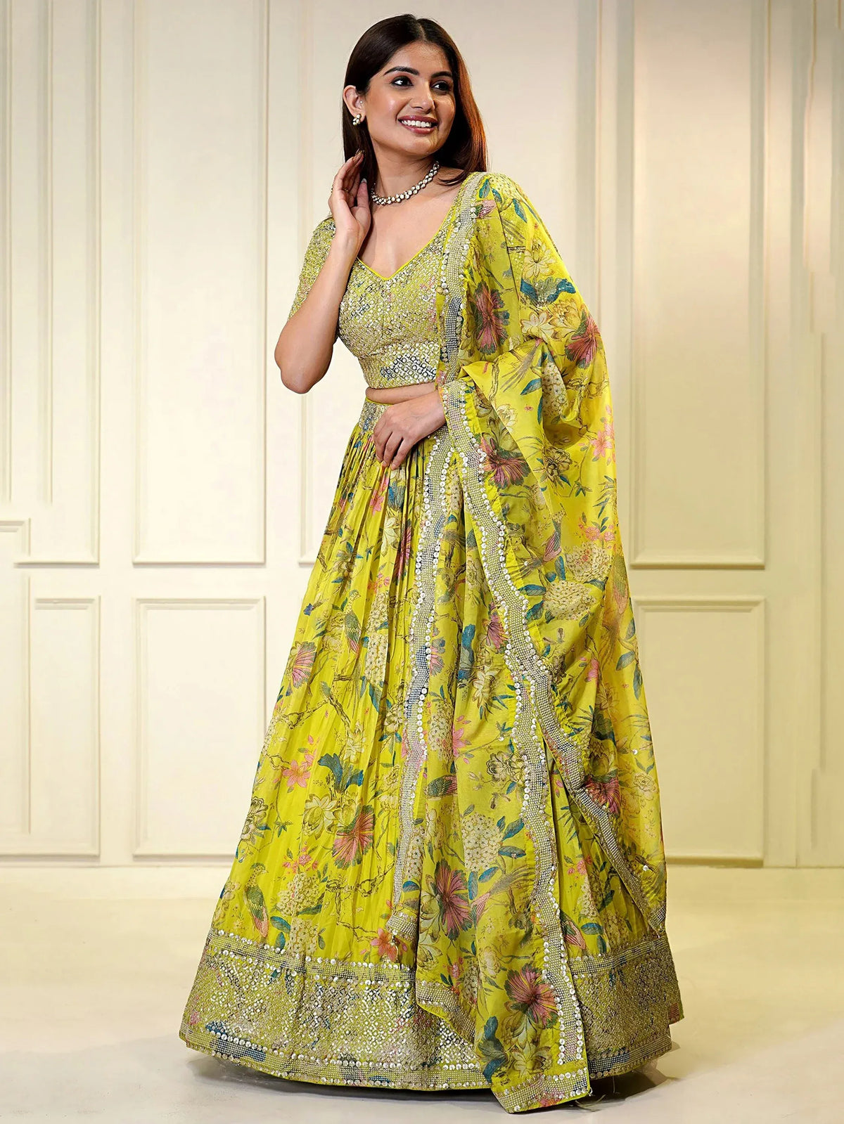Awesome Yellow Printed Organza Haldi Wear Plus Size Lehenga Choli
