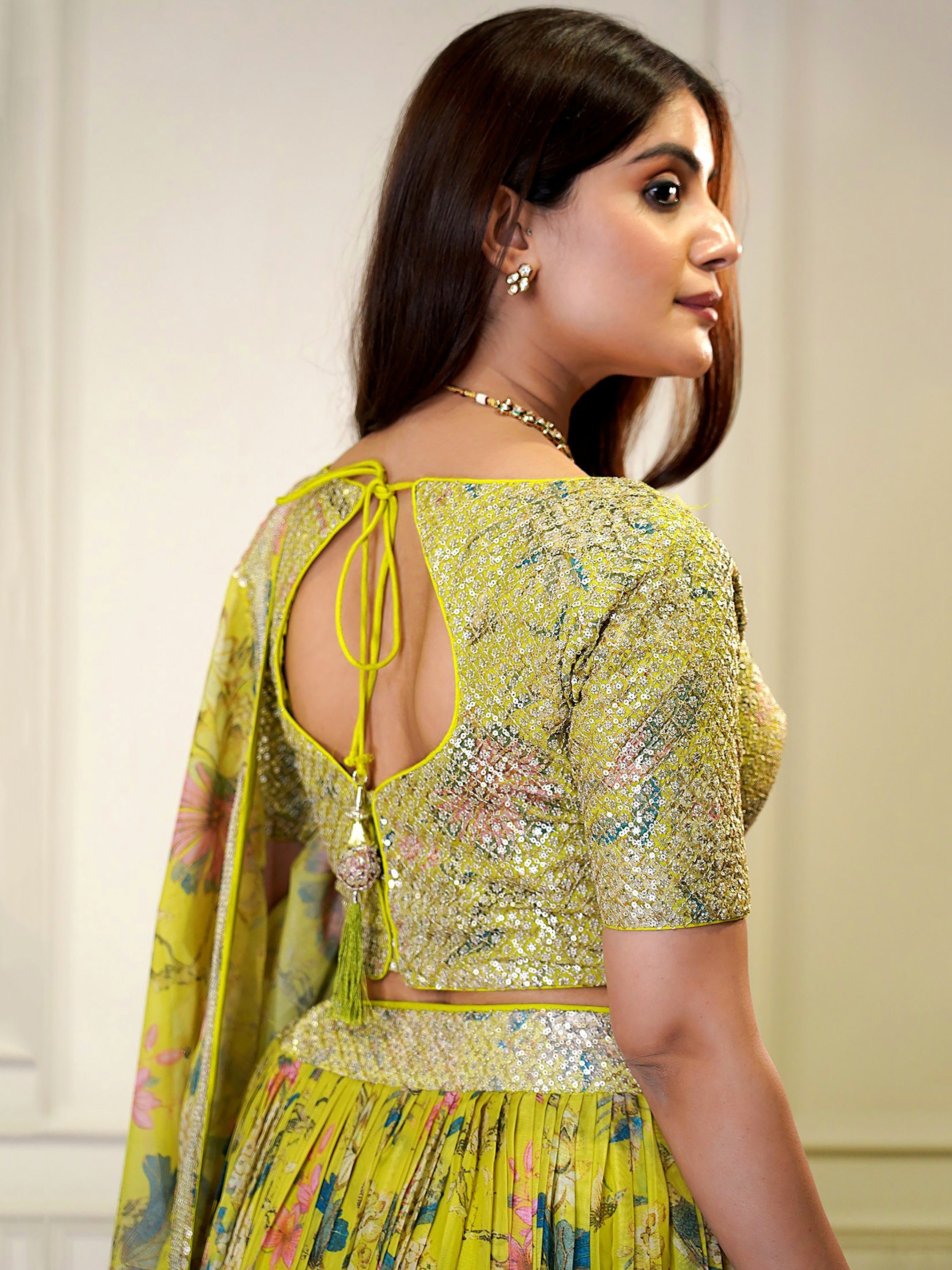 Awesome Yellow Printed Organza Haldi Wear Plus Size Lehenga Choli