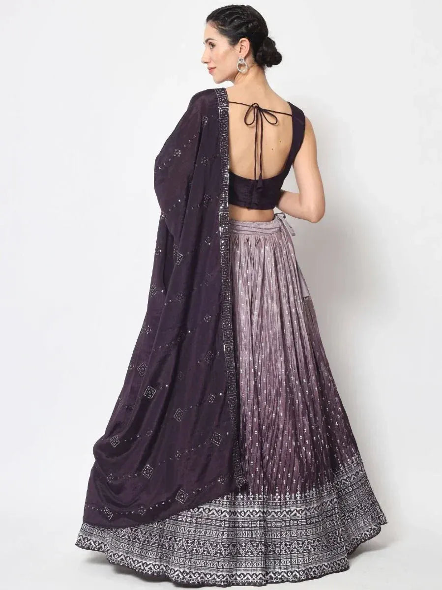 Purple embroidered lehenga choli with back tie blouse and dupatta, Indian ethnic wear