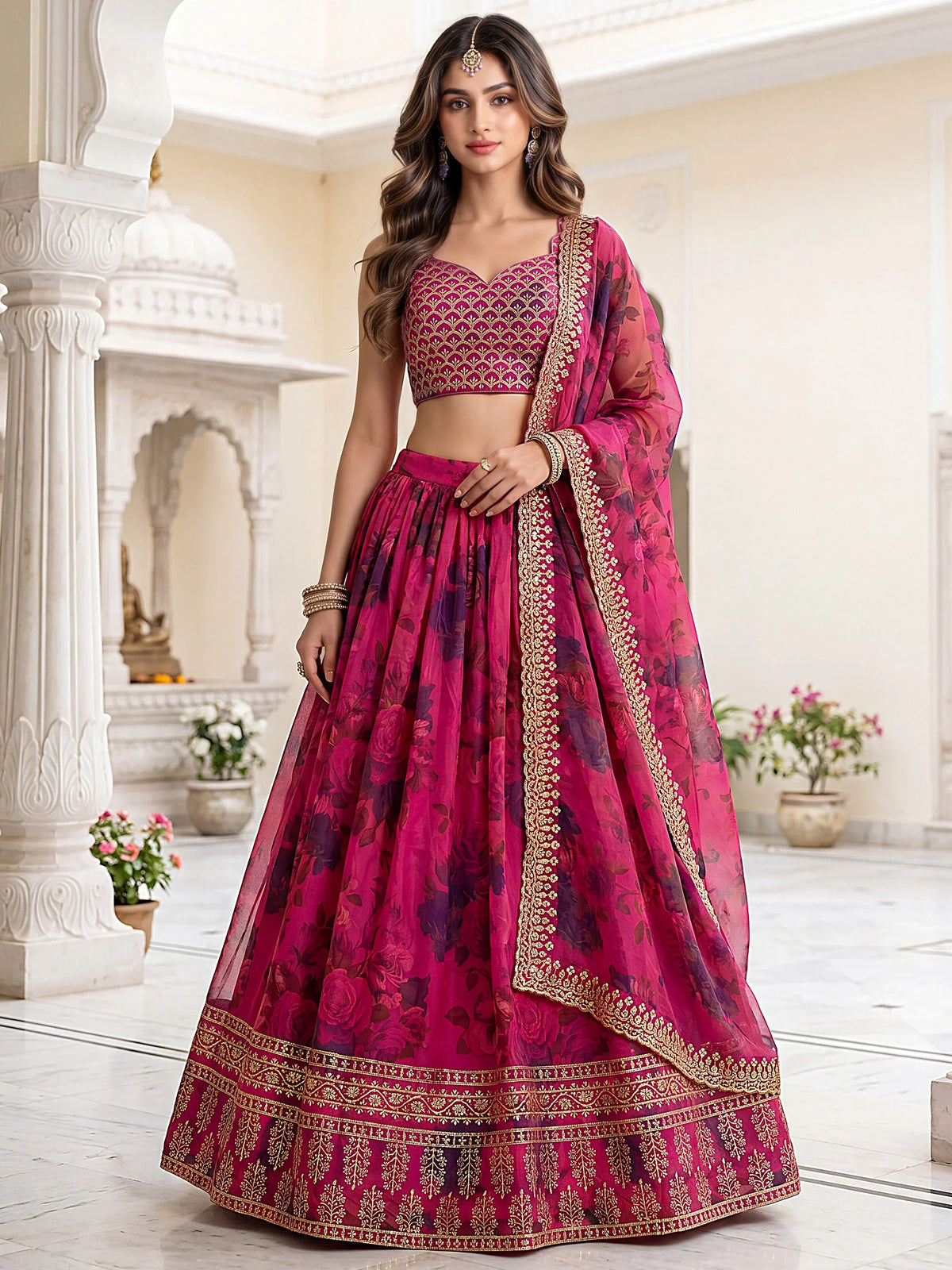 Great Pink Floral Printed Organza Bridesmaid Lehenga Choli With Dupatta