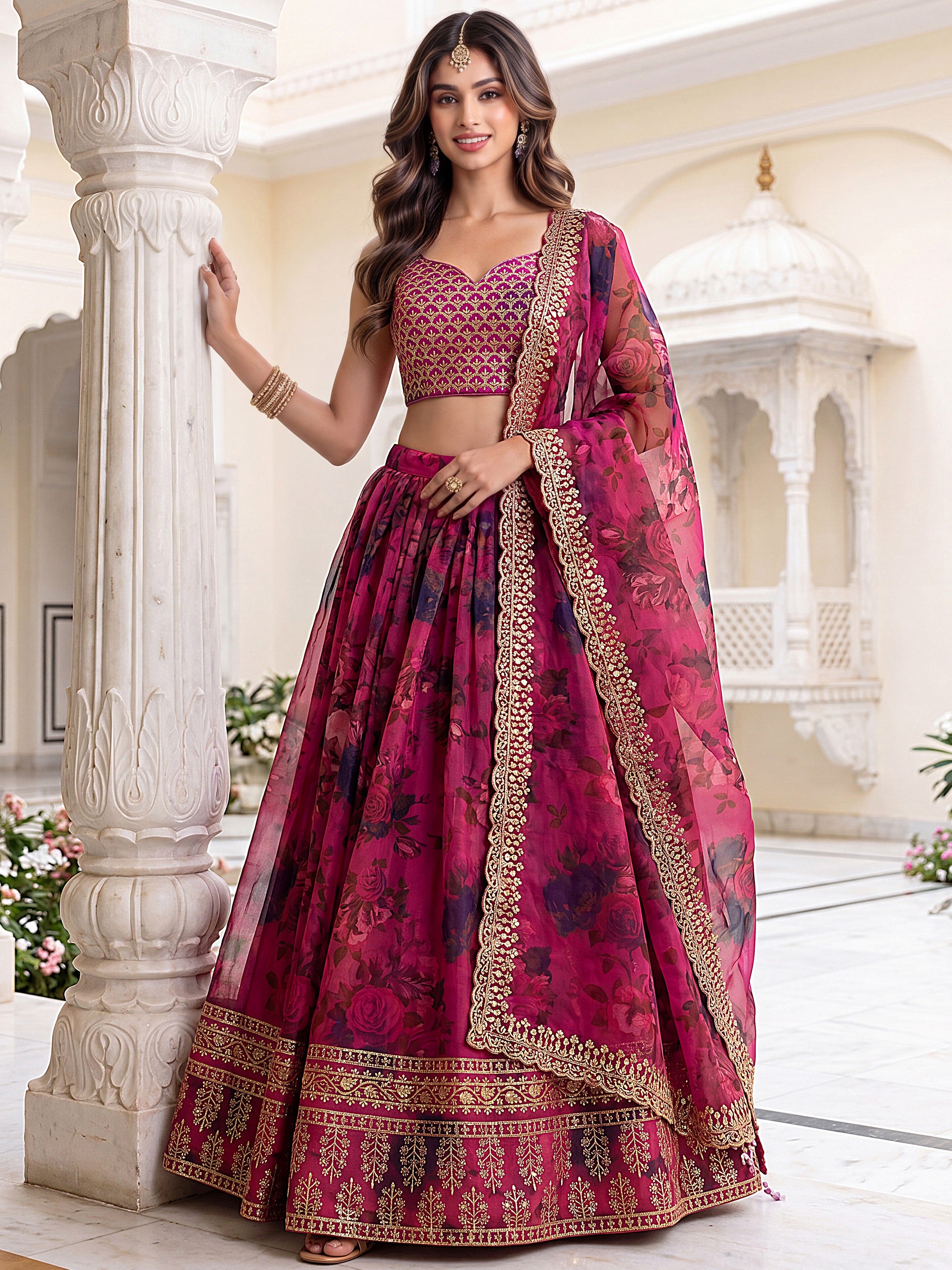 Great Pink Floral Printed Organza Bridesmaid Lehenga Choli With Dupatta
