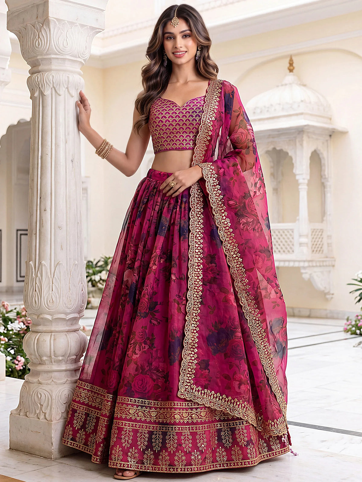 Great Pink Floral Printed Organza Bridesmaid Lehenga Choli With Dupatta