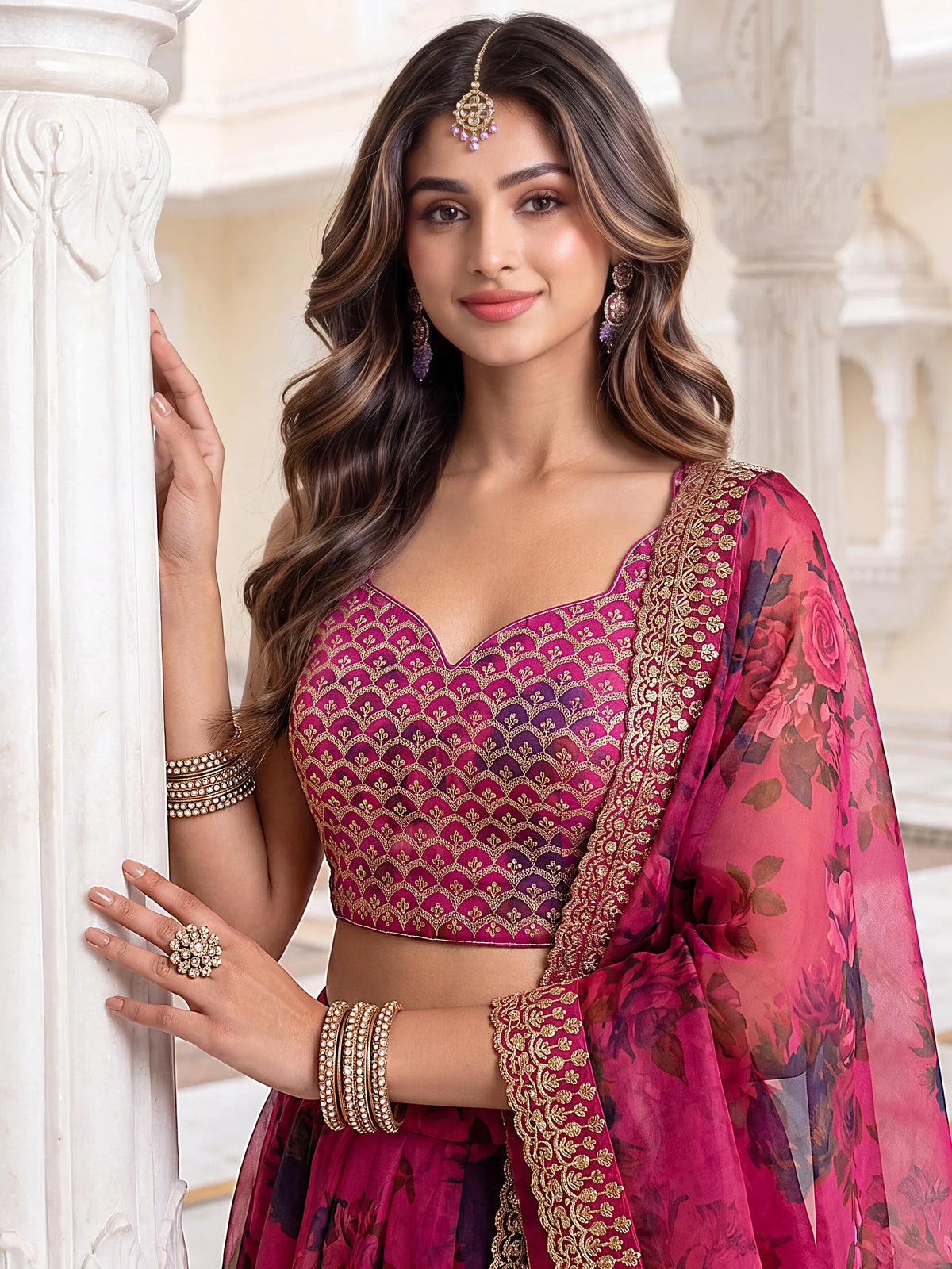 Great Pink Floral Printed Organza Bridesmaid Lehenga Choli With Dupatta