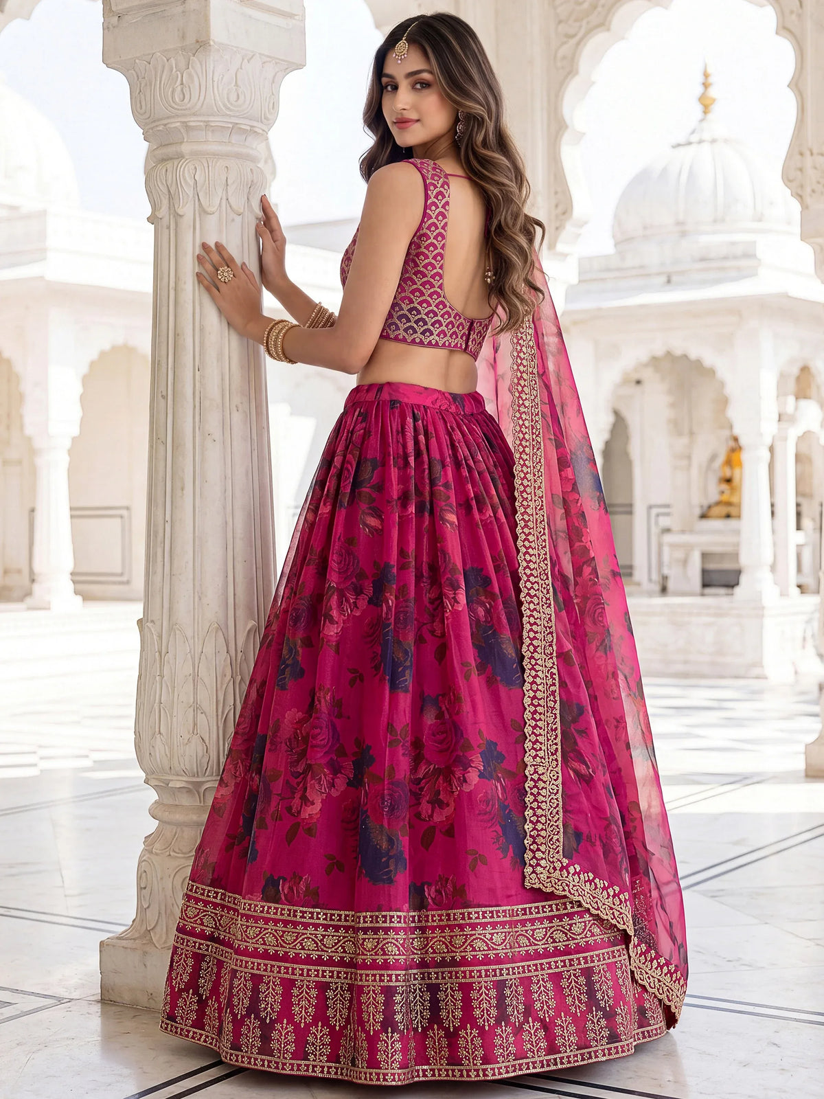Great Pink Floral Printed Organza Bridesmaid Lehenga Choli With Dupatta