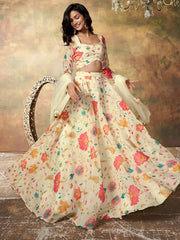 Enchanting Beige Floral Printed Organza Festival Wear Lehenga Choli