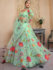 Outstanding Green Floral Printed Organza Lehenga Choli With Dupatta